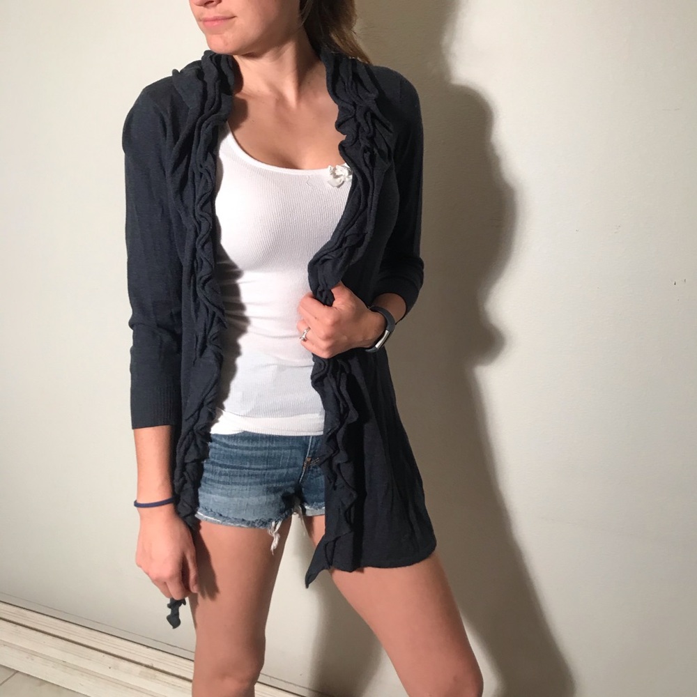3/4 Sleeve Navy Ruffle Cardigan - Picture 4 of 8